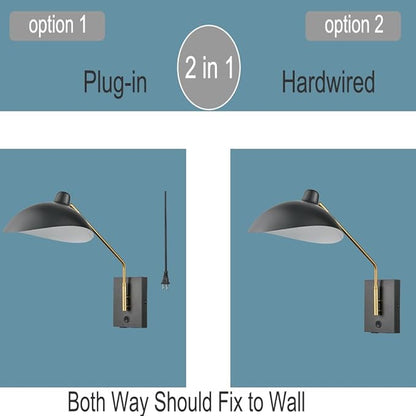 CLAXY Plug in Wall Sconce Swing Arm Wall Light Matte Black with USB Charge Port-Set of 2, Plug in or Hardwired Wall Mounted Lights for Bedroom Reading Room Living