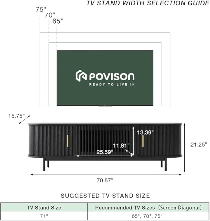 POVISON Sliding Tambour Door TV Stand, Mid Century Modern Sintered Stone TV Console, Wood Media Console for 70 Inch TV, Entertainment Center with Storage Cabinet, Fully-Assembled (Black, 70.87")
