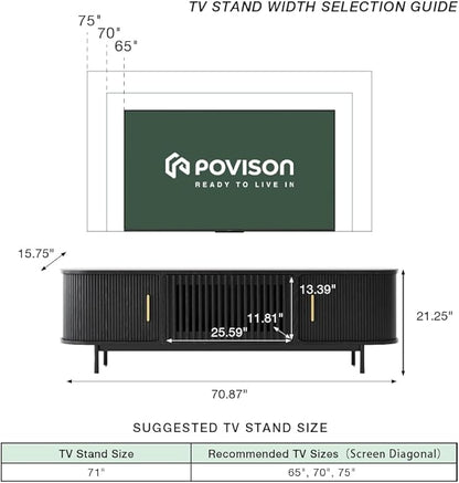 POVISON Sliding Tambour Door TV Stand, Mid Century Modern Sintered Stone TV Console, Wood Media Console for 70 Inch TV, Entertainment Center with Storage Cabinet, Fully-Assembled (Black, 70.87")