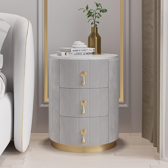 homary Gray Velvet Nightstand with 3 Drawers, Round Bedside Table with Sintered Stone Top, Modern Nightstand with Storage for Bedroom, End Table for Living Room