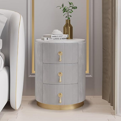 homary Gray Velvet Nightstand with 3 Drawers, Round Bedside Table with Sintered Stone Top, Modern Nightstand with Storage for Bedroom, End Table for Living Room