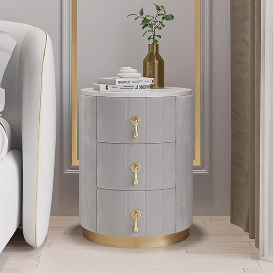 homary Gray Velvet Nightstand with 3 Drawers, Round Bedside Table with Sintered Stone Top, Modern Nightstand with Storage for Bedroom, End Table for Living Room