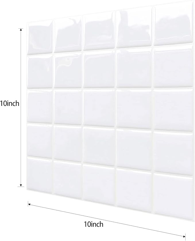 Alwayspon 10 Sheets 10" x10'' White 3D Vinyl Backsplash Tiles, Self-Adhesive Peel and Stick Wall Tile Stickers Stick on Subway Tiles for Kitchen Bathroom Wall