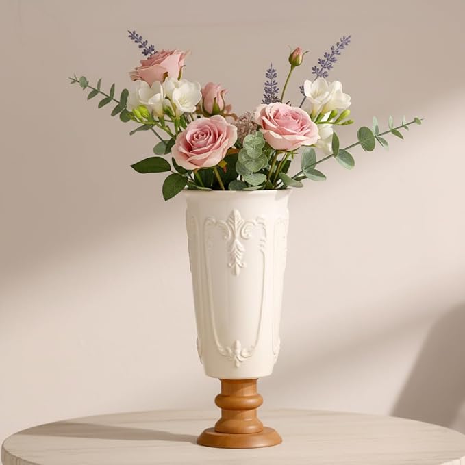 hjn White Ceramic Vase- French Flower Vase for Decor Small Vintage Vases with Wood Base for Table/Living Room/Shelf/Mantel/Office-Height-9.1"-Floral Embossing