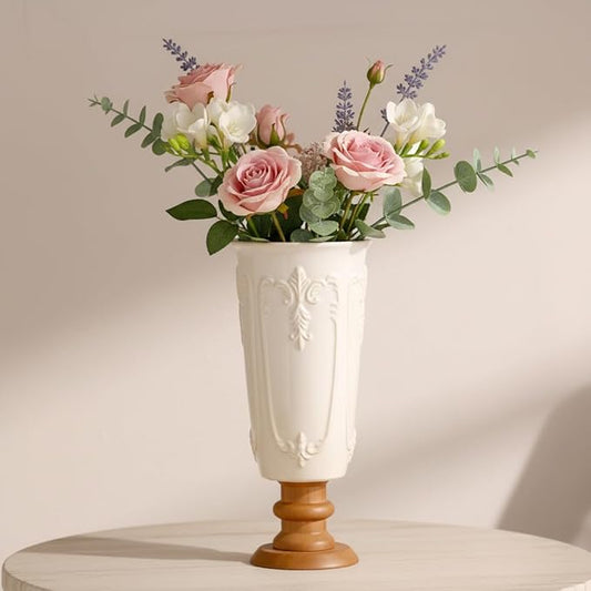 hjn White Ceramic Vase- French Flower Vase for Decor Small Vintage Vases with Wood Base for Table/Living Room/Shelf/Mantel/Office-Height-9.1"-Floral Embossing