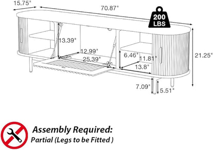 POVISON Sliding Tambour Door TV Stand, Mid Century Modern Sintered Stone TV Console, Wood Media Console for 70 Inch TV, Entertainment Center with Storage Cabinet, Fully-Assembled (Walnut, 70.87")