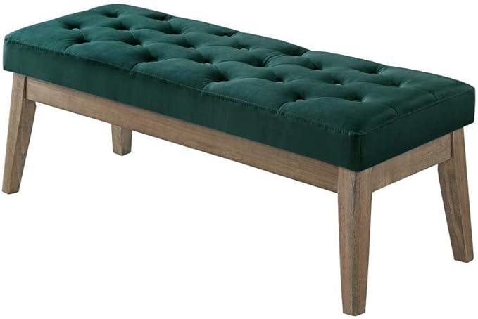 24KF Velvet Upholstered Buttons Tufted Entryway Bench with Solid Wood Leg,Bed Bench Ottoman with Padded Seat,5034-Jade