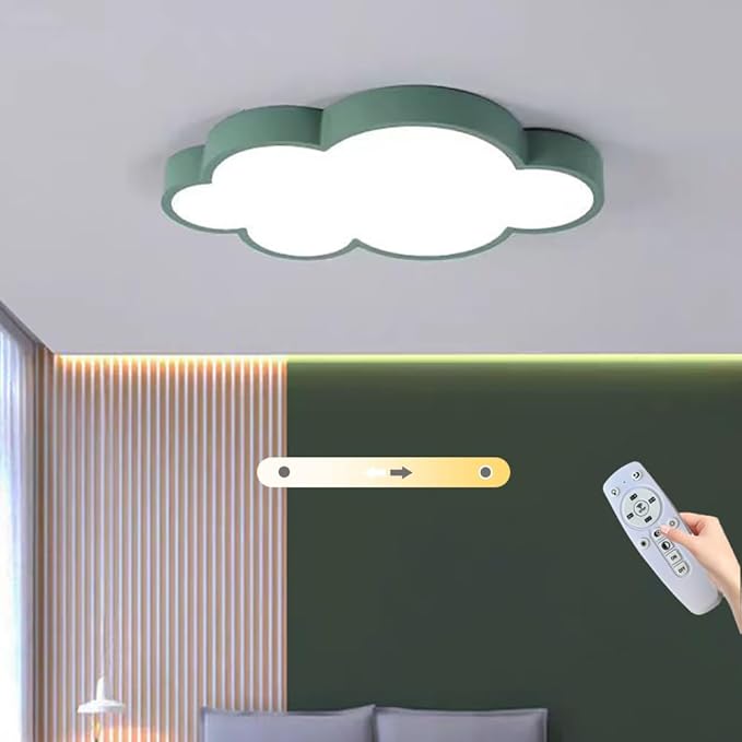 DELIPUSIH Cloud Shape LED Ceiling Light, 48cm, 36W, 3 Color Modes with Remote Control, Dimmable, Green Children's Room Ceiling Lamp