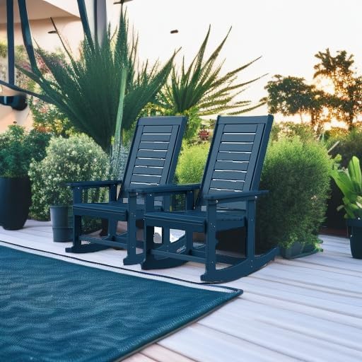 GREENVINES Outdoor Rocking Chairs | Set of 2 | Porch Rocker | HDPE Plastic | Blue | Oversized Rockers | High Back | Big & Tall | Ladder Back | for Patio Outside Backyard Balcony Garden