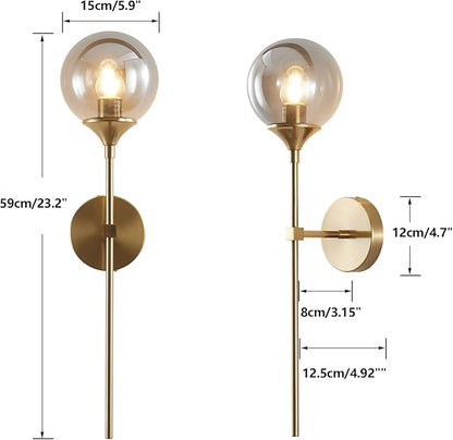 KCO Lighting Smoke Gray Glass Globe Wall Sconce Modern Gold Long Pole Wall Lighting Mid Century Vintage Bathroom Light Fixture Sconce Brass Bar Wall Lamp