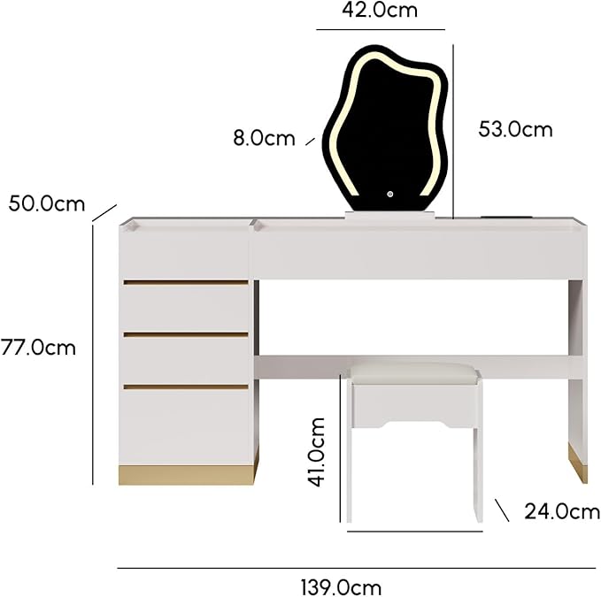 homary Vanity Desk Set with LED Looking Glass, Makeup Vanity with Power Outlet and Tempered Glass Top, Makeup Table with 6 Drawers, 3 Lighting Modes Vanity Table with Chair for Bedroom (White)