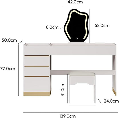 homary Vanity Desk Set with LED Looking Glass, Makeup Vanity with Power Outlet and Tempered Glass Top, Makeup Table with 6 Drawers, 3 Lighting Modes Vanity Table with Chair for Bedroom (White)