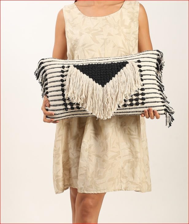 Decorative Boho-Chic Pillow Cover Handwoven Tufted Cotton Accent Pillows, Neutral Throw Cushion for Couch or Bed, Farmhouse & Bohemian Home Decor, Trendy USA Design (Black Lumbar 12x20)