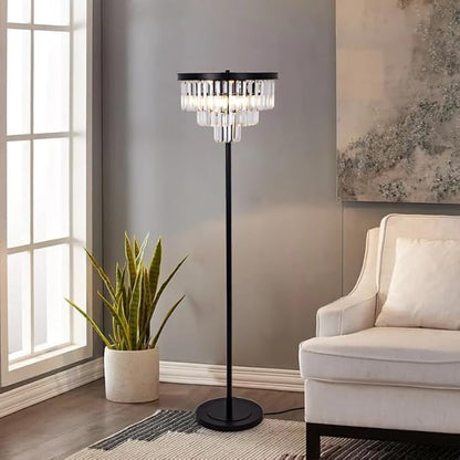 Wellmet 4 Lights Black Floor Lamp, Modern 3 Tiers Crystal Standing Lamp for Living Room Bright Lighting, Elegant Tall Crystal Floor Lamp with Foot Switch for Reading Room, Bedroom, Office (E12 Base)