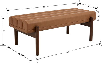 47" Modern Upholstered End of Bed Bench, Brown PU Leather Channel Tufted Entryway Bench with Wood Legs, Comfy Bedroom Bench Long Ottoman for Living Room Hallway Vanity Room