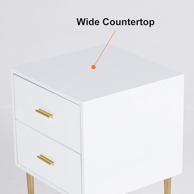 homary Modern Wood Nightstand with Gold Legs 2-Drawer Bedside Table in White