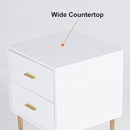 homary Modern Wood Nightstand with Gold Legs 2-Drawer Bedside Table in White