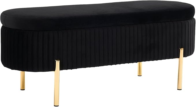 Velvet Storage Bench for Bedroom Upholstered End of Bed Bench Modern Ottoman with Gold Legs for Living Room/Window/Entryway (Black, Oval-45.5" W)