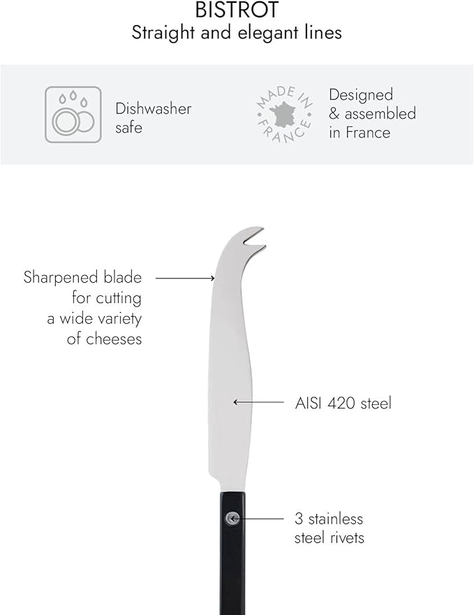 Cheese Knife 9.4 inches - Bistrot Collection - All Cheeses - Stainless Steel & Nylon - Dishwasher Safe - Black - Brilliant Finish