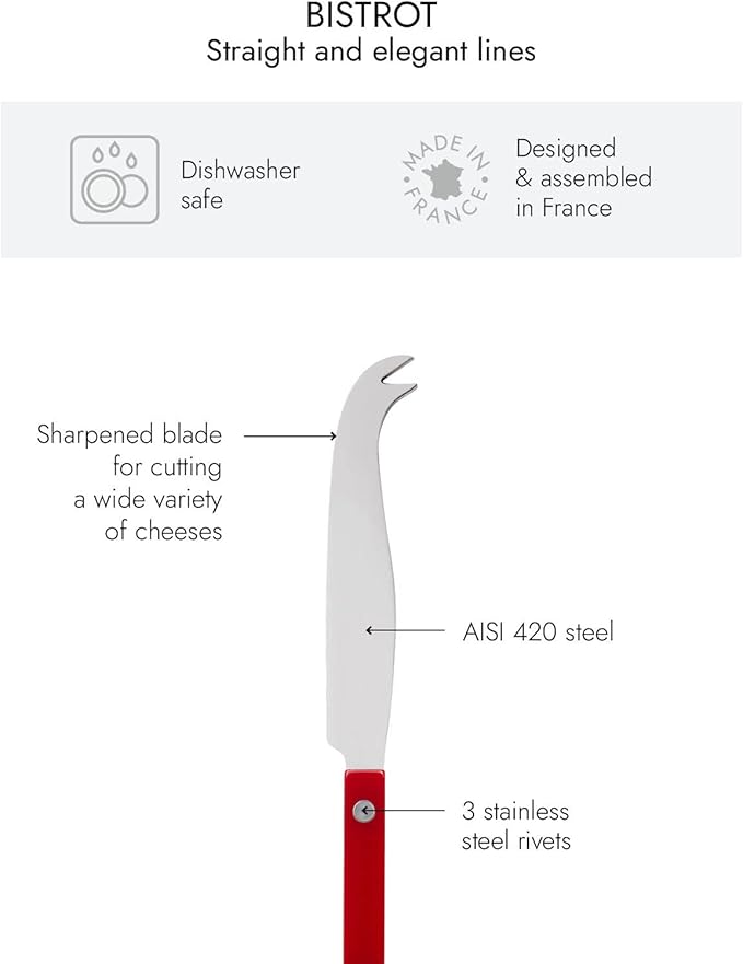 Cheese Knife 9.4 inches - Bistrot Collection - All Cheeses - Stainless Steel & Nylon - Dishwasher Safe - Burgundy - Brilliant Finish