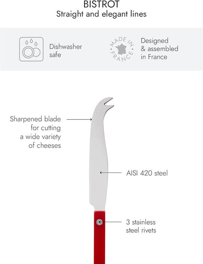 Cheese Knife 9.4 inches - Bistrot Collection - All Cheeses - Stainless Steel & Nylon - Dishwasher Safe - Burgundy - Brilliant Finish