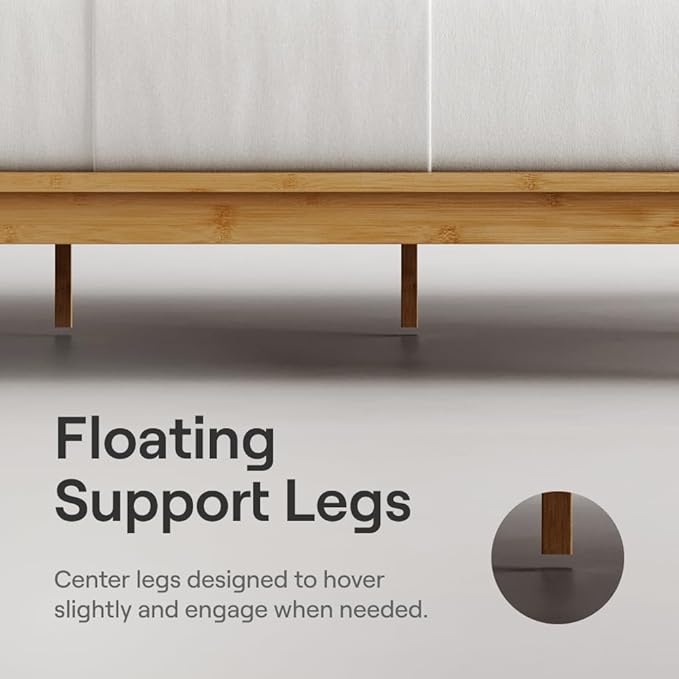 Nectar Bamboo Platform Bed Frame & Upholstered Headboard - King - Natural/Slate - Floating Center Support Legs -12” Height - Easy Tool Free Set Up - Sturdy Wooden Support Slats - Holds Up To 500 lbs