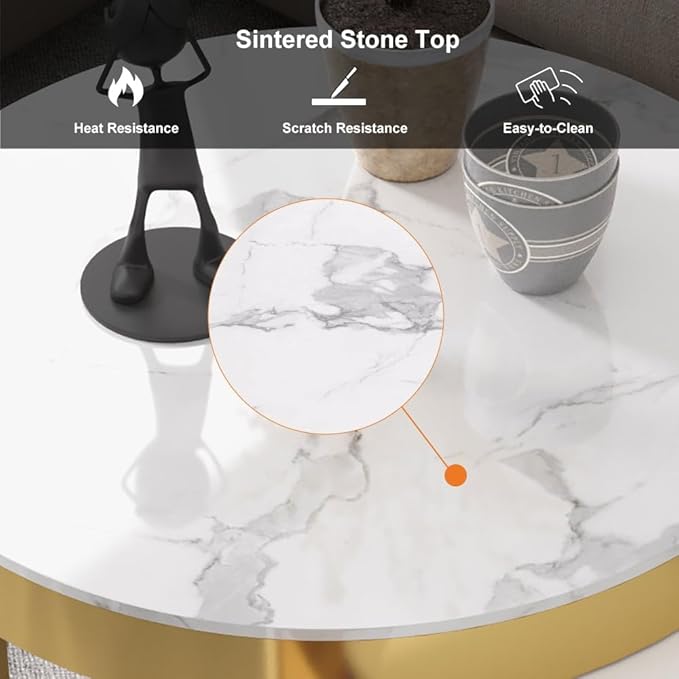 homary Round Lift-Top Coffee Table with Storage, White Faux Marble Nesting Coffee Tables with Rotatable Drawers for Living Room