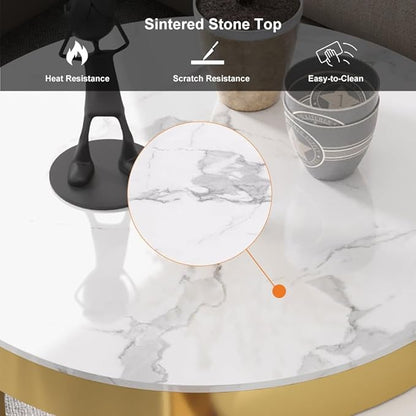 homary Round Lift-Top Coffee Table with Storage, White Faux Marble Nesting Coffee Tables with Rotatable Drawers for Living Room