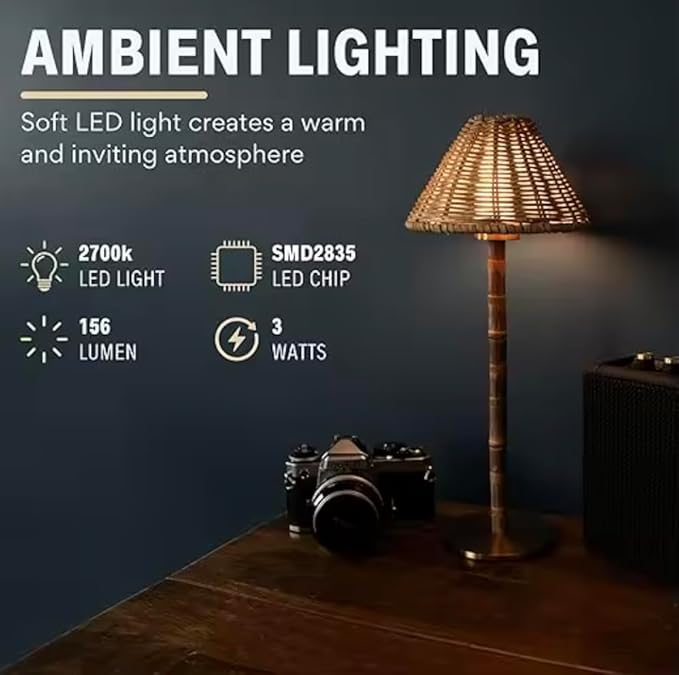 Athena-R Organic Bamboo & Rattan Cordless Table Lamps with 3-Way Brightness & Rechargeable Battery | 2-Piece Set for Bedroom, Living Room, Office & Outdoor LED Lighting