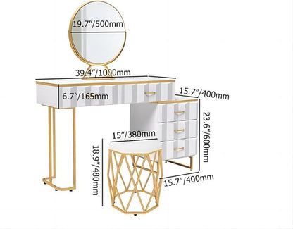 Modern White Extendable Makeup Vanity 5 Drawers Dressing Table Set with Stool and Looking Glass