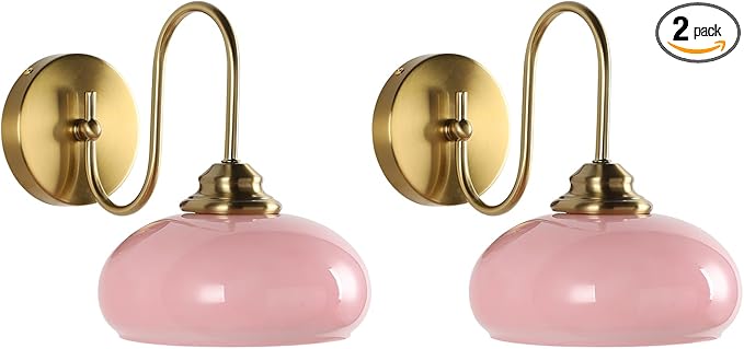 KCO Lighting Pink Wall Sconce Brushed Gold Bathroom Light Fixtures Glass Globe Wall Light Mid Century Modern Wall Sconce Vintage Bathroom Sconces Wall Lighting Set of 2