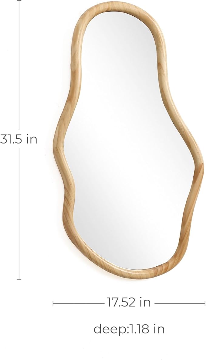LuxenHome Asymmetrical Natural Wall Mirror for Bathroom, Large Irregular Oval Modern Decorative Vanity Mirror with Solid Wood Frame, Wall Mounted Hanging Sculptures for Living Room Bedroom Entryway