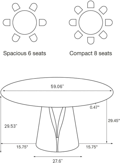 POVISON Round Dining Table for 6, Modern Marble Dining Room Table 59" Glossy White Sintered Stone Kitchen Table with Bronze Carbon Steel Pedestal (Table Only)