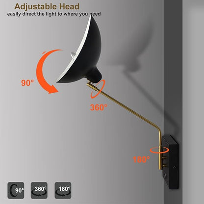 CLAXY Plug in Wall Sconce Swing Arm Wall Light Matte Black with USB Charge Port-Set of 2, Plug in or Hardwired Wall Mounted Lights for Bedroom Reading Room Living