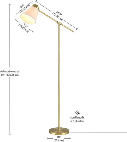 69" Floor Lamp, Swing Arm, Matte Brass Plated, White Tapered Fabric Shade, On/Off Rotary Switch on Socket, 5-Foot Clear Cord, 1-Light, 40W E26/Medium Base Bulb
