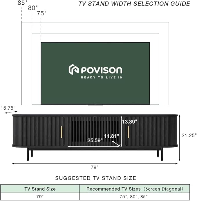 POVISON Sliding Tambour Door TV Stand with LED Lights, Mid Century Modern TV Console, Wood Media Console, Entertainment Center with Storage Cabinet, Fully-Assembled (Black, 78.74")