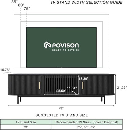 POVISON Sliding Tambour Door TV Stand with LED Lights, Mid Century Modern TV Console, Wood Media Console, Entertainment Center with Storage Cabinet, Fully-Assembled (Black, 78.74")