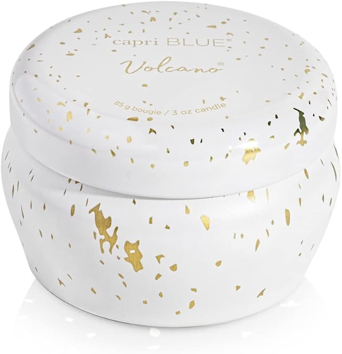 Capri Blue Glimmer Mini Tin - Volcano Scented Candle with Mini Tin Candle - Soy Wax Blend - White and Gold (3 oz)