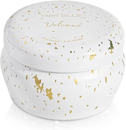 Capri Blue Glimmer Mini Tin - Volcano Scented Candle with Mini Tin Candle - Soy Wax Blend - White and Gold (3 oz)
