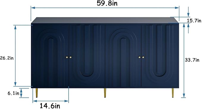 Modern Sideboard Buffet 60" Accent Cabinet, Navy Blue Wood Credenzas Entryway Table with Storage for Living Room Home Bar, 4 Doors & Adjustable Shelves