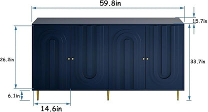 Modern Sideboard Buffet 60" Accent Cabinet, Navy Blue Wood Credenzas Entryway Table with Storage for Living Room Home Bar, 4 Doors & Adjustable Shelves
