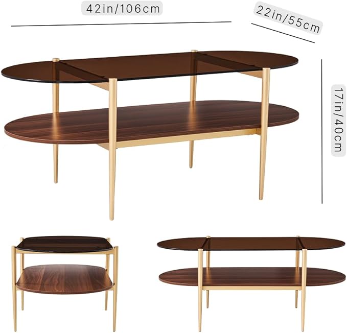 AGV LIGHTING Oval Rectangle Coffee Table with Amber Brown Glass Top, Mid-Century Modern Coffee Table, Walnut Wood Shelf and Gold Metal Legs, Capsule Shape 2 Tier Coffee Table for Living Room, 42 Inch