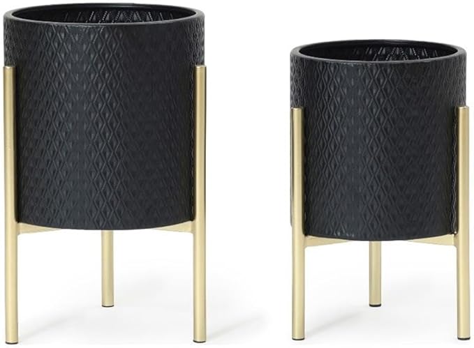LuxenHome 2-Piece Diamond Pattern Round Metal Cachepot Planter Set, Black Planter with Gold Stands Set of 2 Indoor Plant Pots Large Floor Plant Pot for Plants, NOT Waterproof