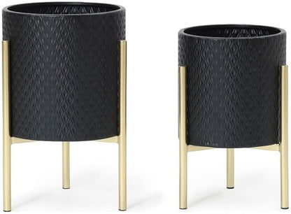 LuxenHome 2-Piece Diamond Pattern Round Metal Cachepot Planter Set, Black Planter with Gold Stands Set of 2 Indoor Plant Pots Large Floor Plant Pot for Plants, NOT Waterproof