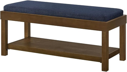 24KF Large Rectangular Storage Bench,Upholstered Seat Cushion,Ottoman Coffee Table with Navy Blue Removable Cushion for Living Room,Entryway Bench Bed Bench with Solid Wood Shelf,5069-Navy Blue