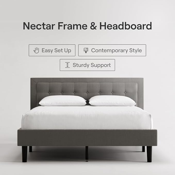 Nectar Bed Frame & Headboard - Grey - Full - 8 Inch Legs and Sturdy Wooden Slats for Support - Contemporary and Durable Upholstery - Holds Up to 700 Pounds - Easy Assembly