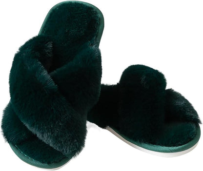 Women's Slipper Memory Foam Cross Band Fuzzy Slippers Open Toe Cozy House Slippers Cozy Plush Bedroom Indoor Outdoor
