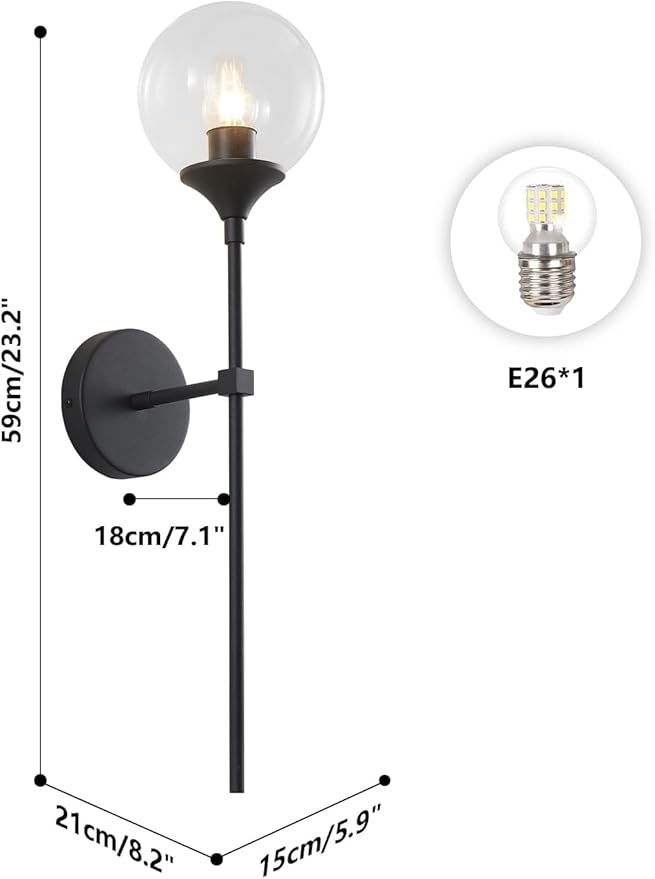 KCO Lighting Mid Century Black Wall Mounted Sconce Round Clear Glass Globe Wall Lamp Minimalist Slim Wall Sconce Light for Hallway Stairs Bathroom Mirror