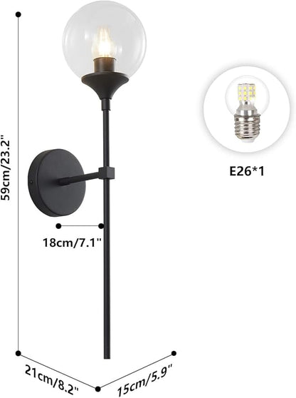KCO Lighting Mid Century Black Wall Mounted Sconce Round Clear Glass Globe Wall Lamp Minimalist Slim Wall Sconce Light for Hallway Stairs Bathroom Mirror