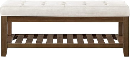 24KF Large Rectangular Upholstered Tufted Linen Ottoman Bench, Padded Bench with Solid Wood Shelf-Ivory
